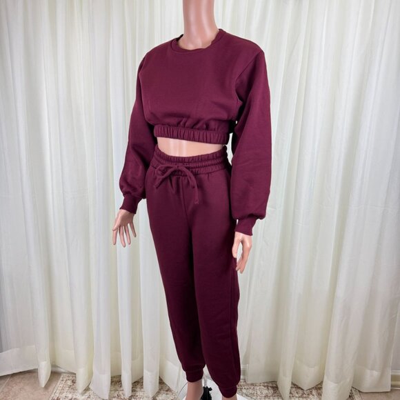 Zenana 2 Pcs Crop Sweatshirt Tracksuit High Waist Jogger Set Active Burgundy - Picture 4 of 9